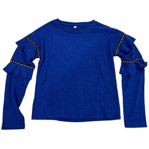 MIA NEW YORK Girls Medium Blue Long Sleeve Ruffle Top With Beaded Accents